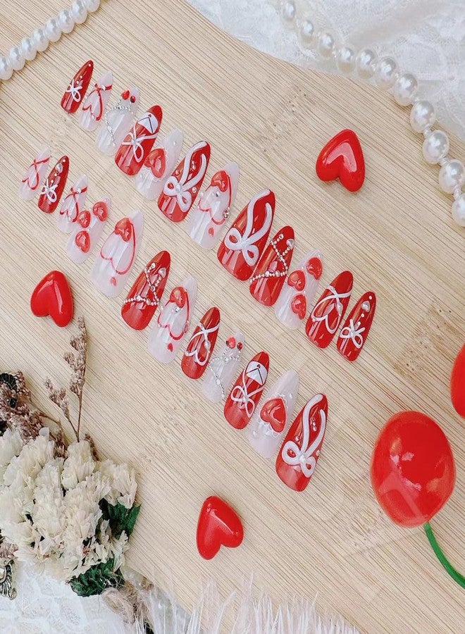 BSBTBZ 24pcs Valentine's Press On Nails Set Medium Almond Fake Nails 3D Love, Bow, Pearl & Gem Beads Rhinestones Design French False Nails Y2k Handmade Holiday Nail Red Heart Glue on Nails for Women - Image 3